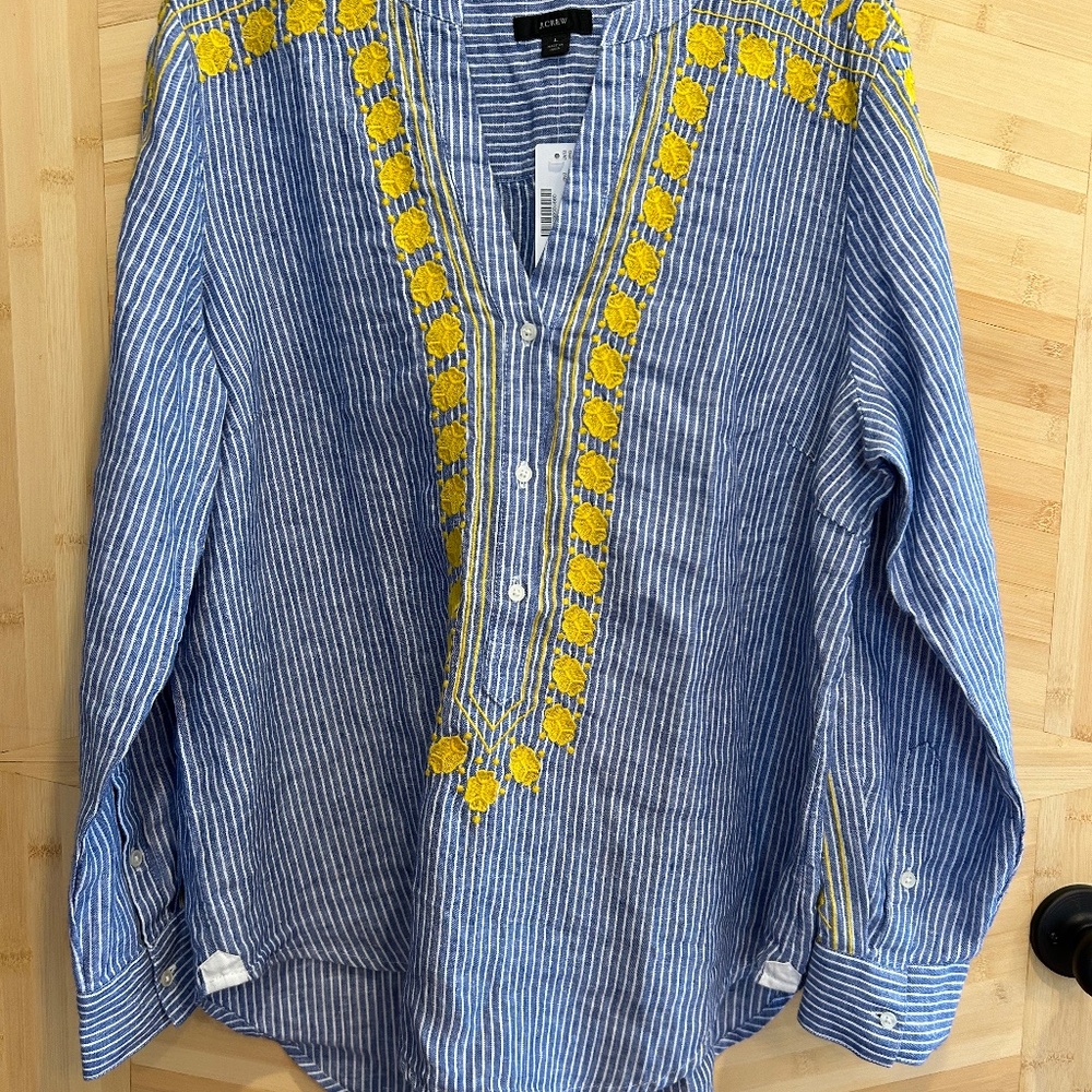 NWT J. Crew 100% linen floral embroidered tunic in Size Large.